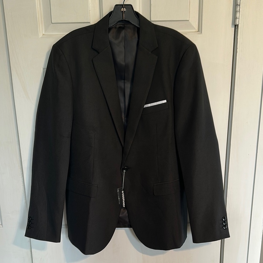 NWT CooFandy Black Blazer with white pocket square size large men’s